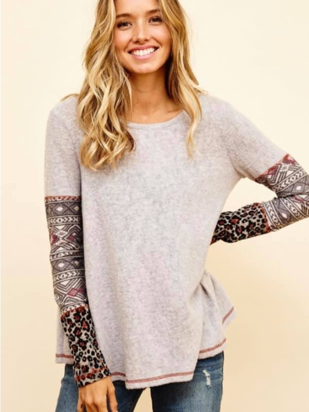 Ces Femme Heather Gray Tunic Sweatshirt with Patterned and Leopard Sleeves